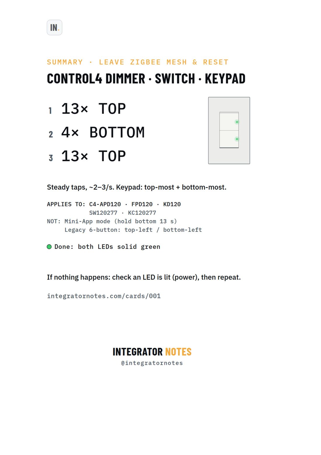 Field card 001, In-wall dimmer · switch · keypad: Tap the TOP button 13×, Tap the BOTTOM button 4×, Tap the TOP button 13×