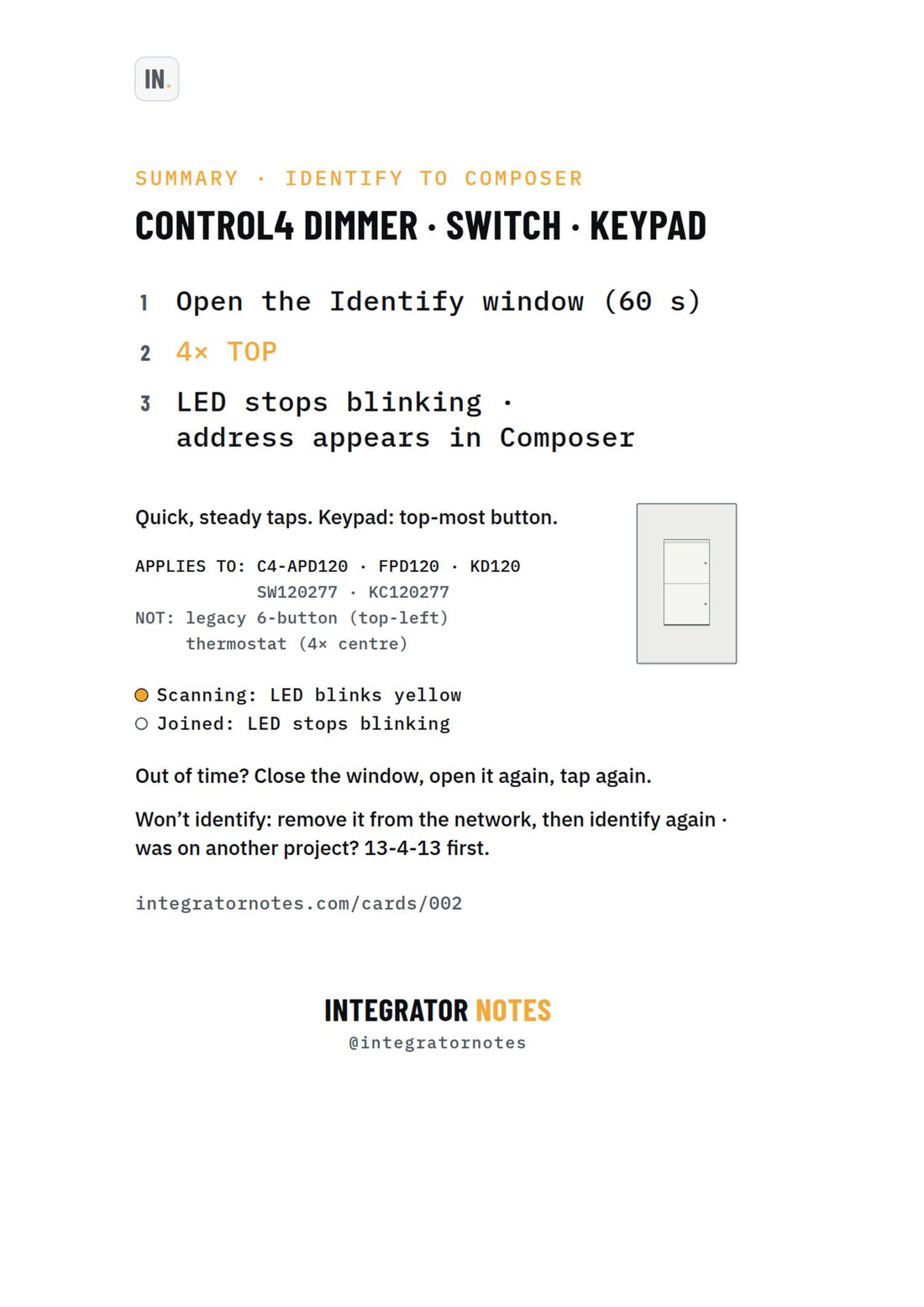 Field card 002, In-wall dimmer · switch · keypad: Tap the TOP button 4×