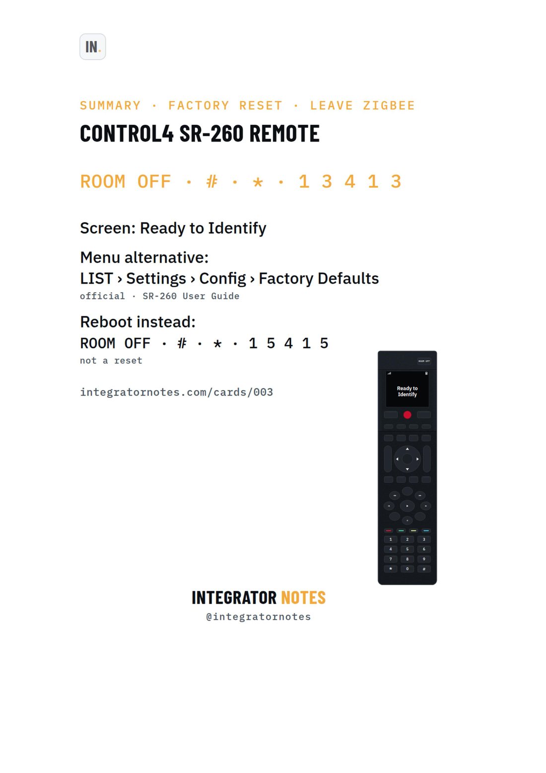 Field card 003, SR-260 system remote: Press ROOM OFF, Then # and *, Then 1 · 3 · 4 · 1 · 3