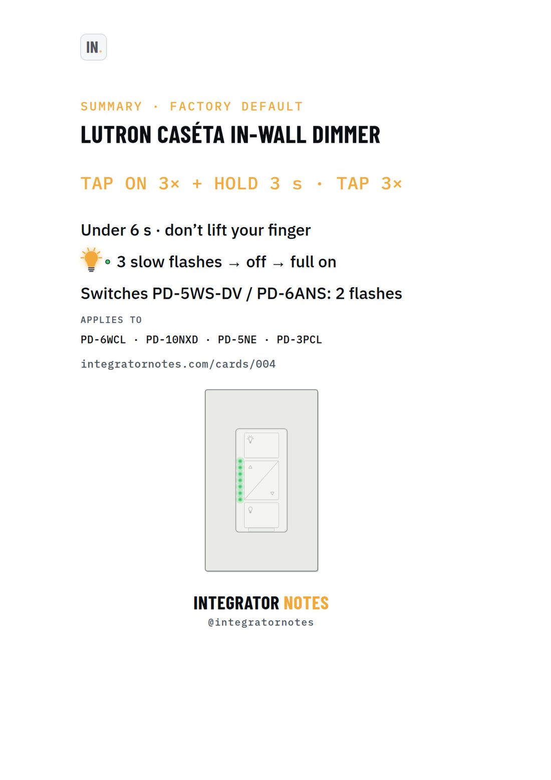 Field card 004, Caséta in-wall dimmer · switch: TAP ON 3× + HOLD 3 s, TAP 3×
