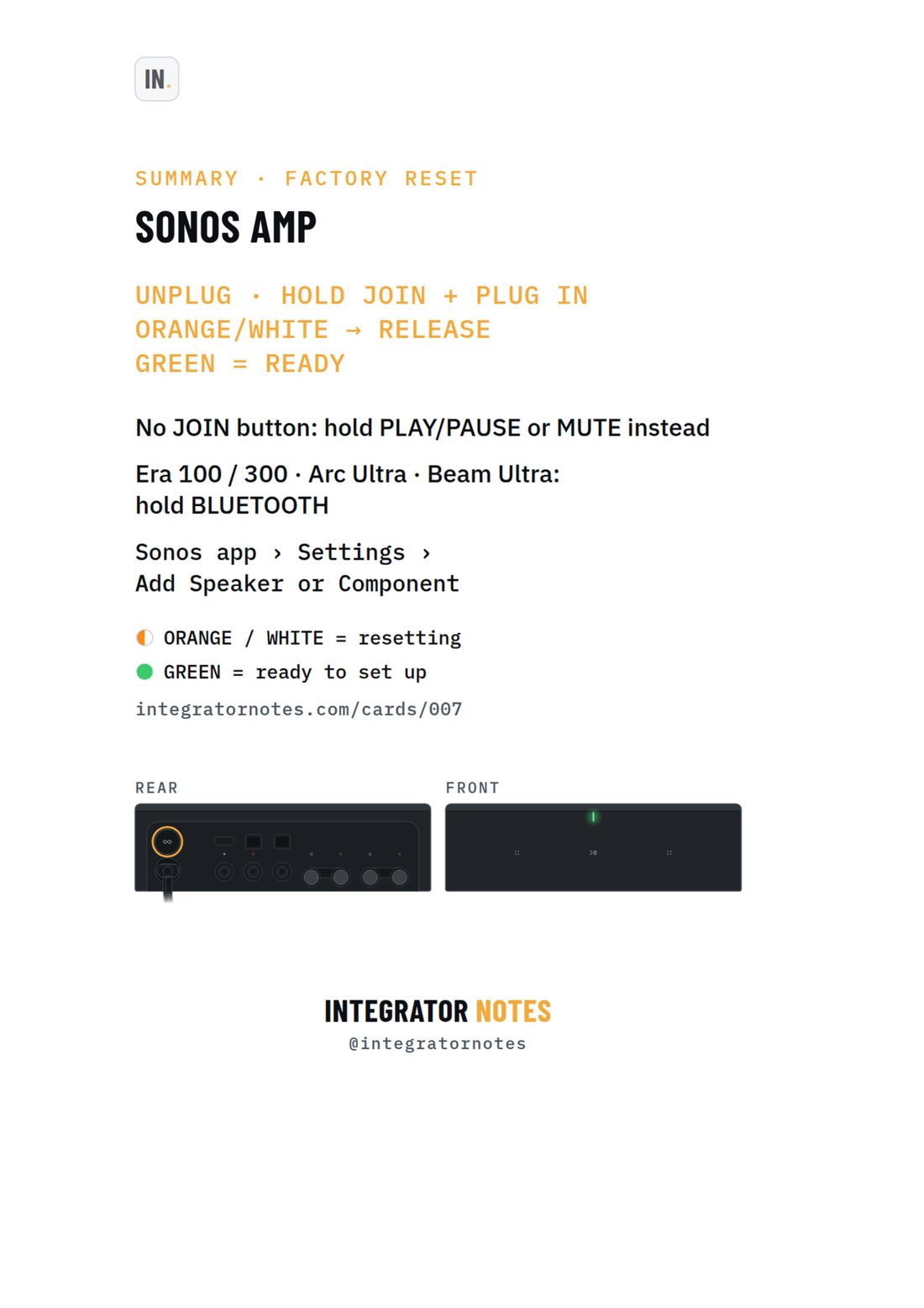 Field card 007, Sonos Amp: UNPLUG · HOLD JOIN + PLUG IN, ORANGE/WHITE → RELEASE, GREEN = READY