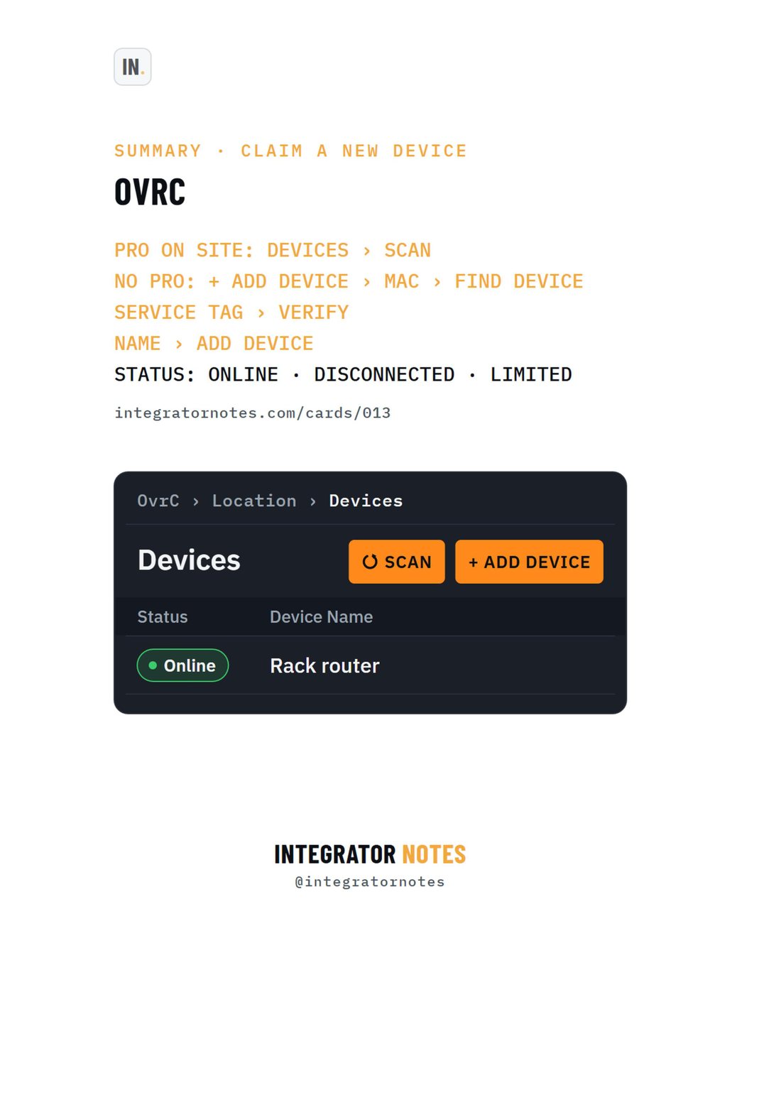 Field card 013, OvrC · new device: PRO ON SITE: DEVICES › SCAN, NO PRO: + ADD DEVICE › MAC › FIND DEVICE, SERVICE TAG › VERIFY, NAME › ADD DEVICE