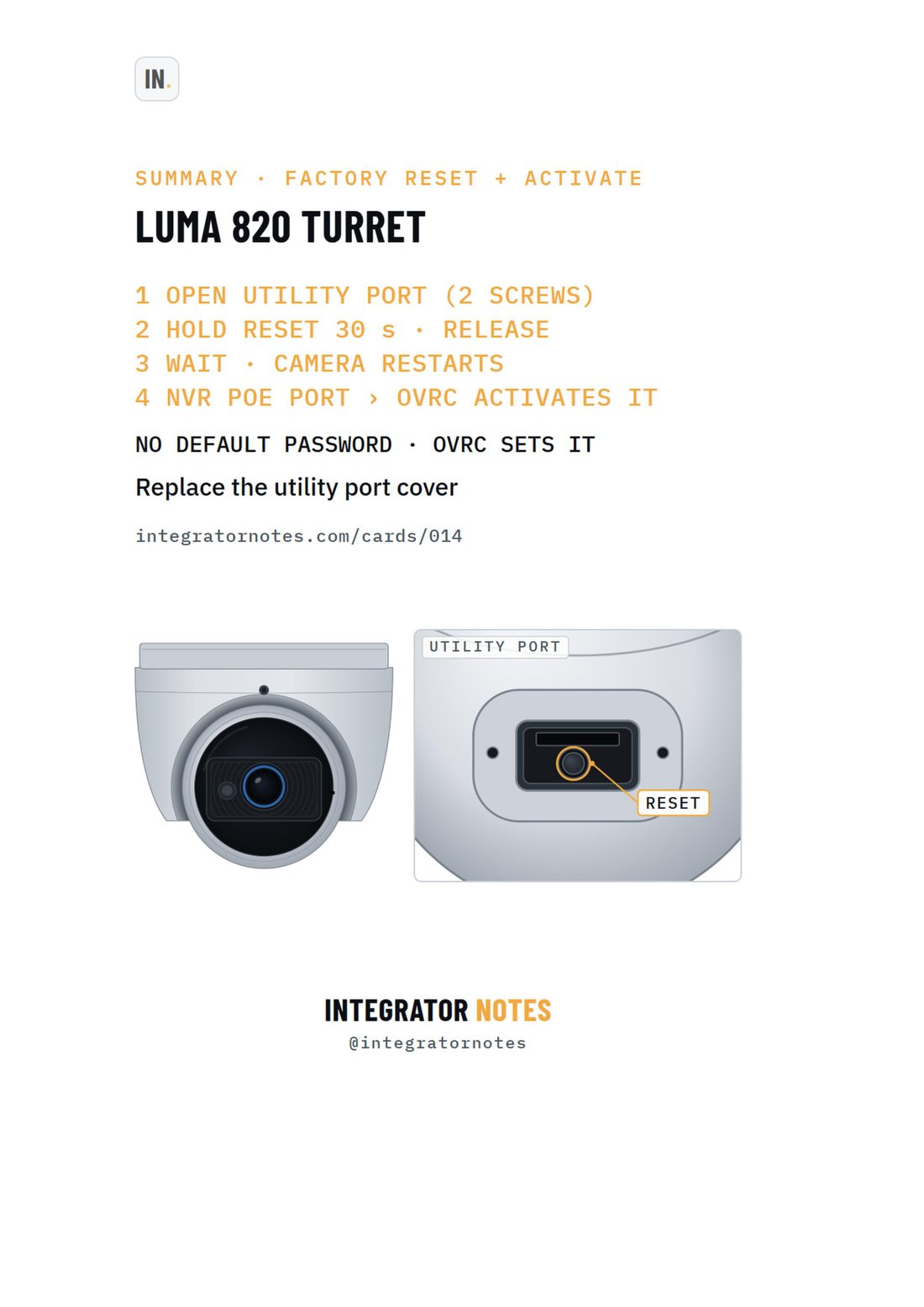 Field card 014, Luma x20 IP camera: OPEN UTILITY PORT (2 SCREWS), HOLD RESET 30 s · RELEASE, WAIT · CAMERA RESTARTS, NVR POE PORT › OVRC ACTIVATES IT