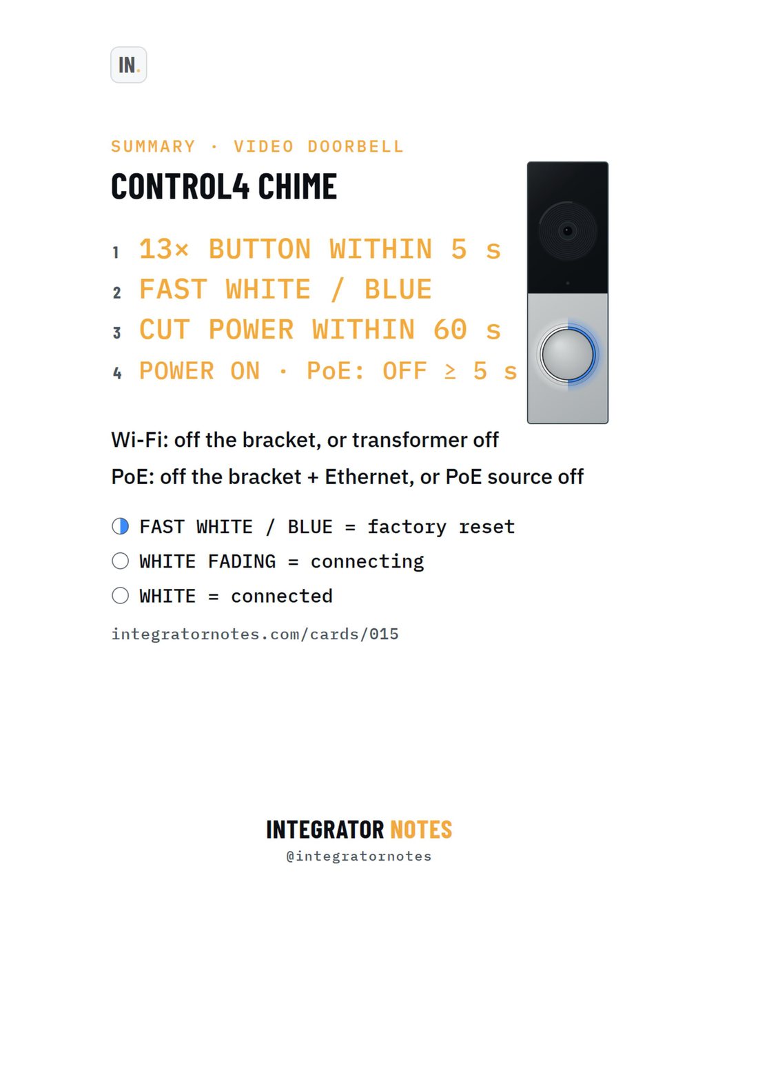 Field card 015, Chime video doorbell: 13× BUTTON WITHIN 5 s, FAST WHITE / BLUE, CUT POWER WITHIN 60 s, POWER ON · PoE: OFF ≥ 5 s