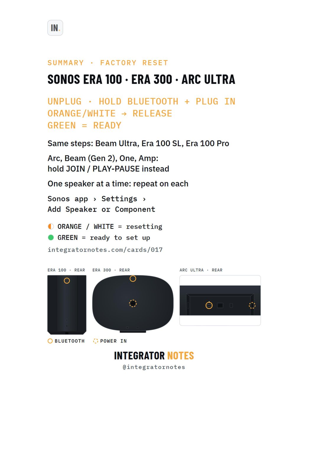 Field card 017, Era 100 · Era 300 · Arc Ultra: UNPLUG · HOLD BLUETOOTH + PLUG IN, ORANGE/WHITE → RELEASE, GREEN = READY