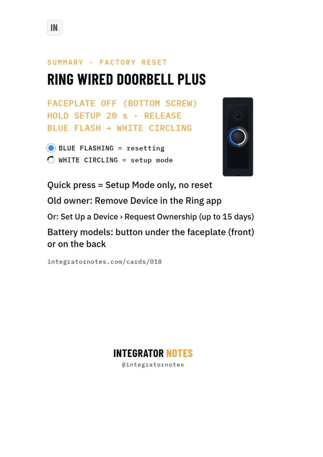Field card 018, Ring Wired Doorbell Plus: FACEPLATE OFF (BOTTOM SCREW), HOLD SETUP 20 s · RELEASE, BLUE FLASH → WHITE CIRCLING