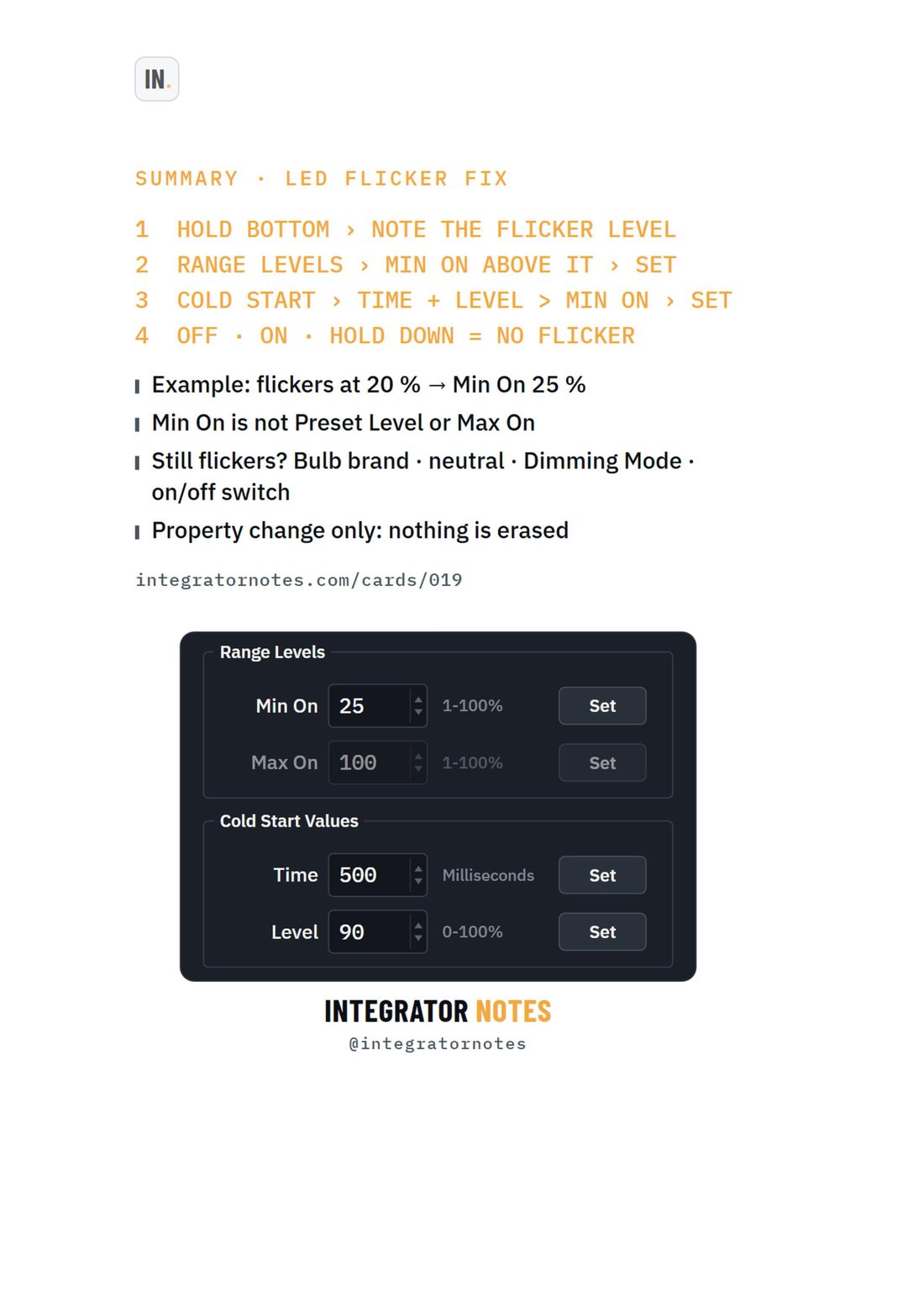 Field card 019, Adaptive phase dimmer (C4-APD120): HOLD BOTTOM › NOTE THE FLICKER LEVEL, RANGE LEVELS › MIN ON ABOVE IT › SET, COLD START › TIME + LEVEL > MIN ON › SET, OFF · ON · HOLD DOWN = NO FLICKER