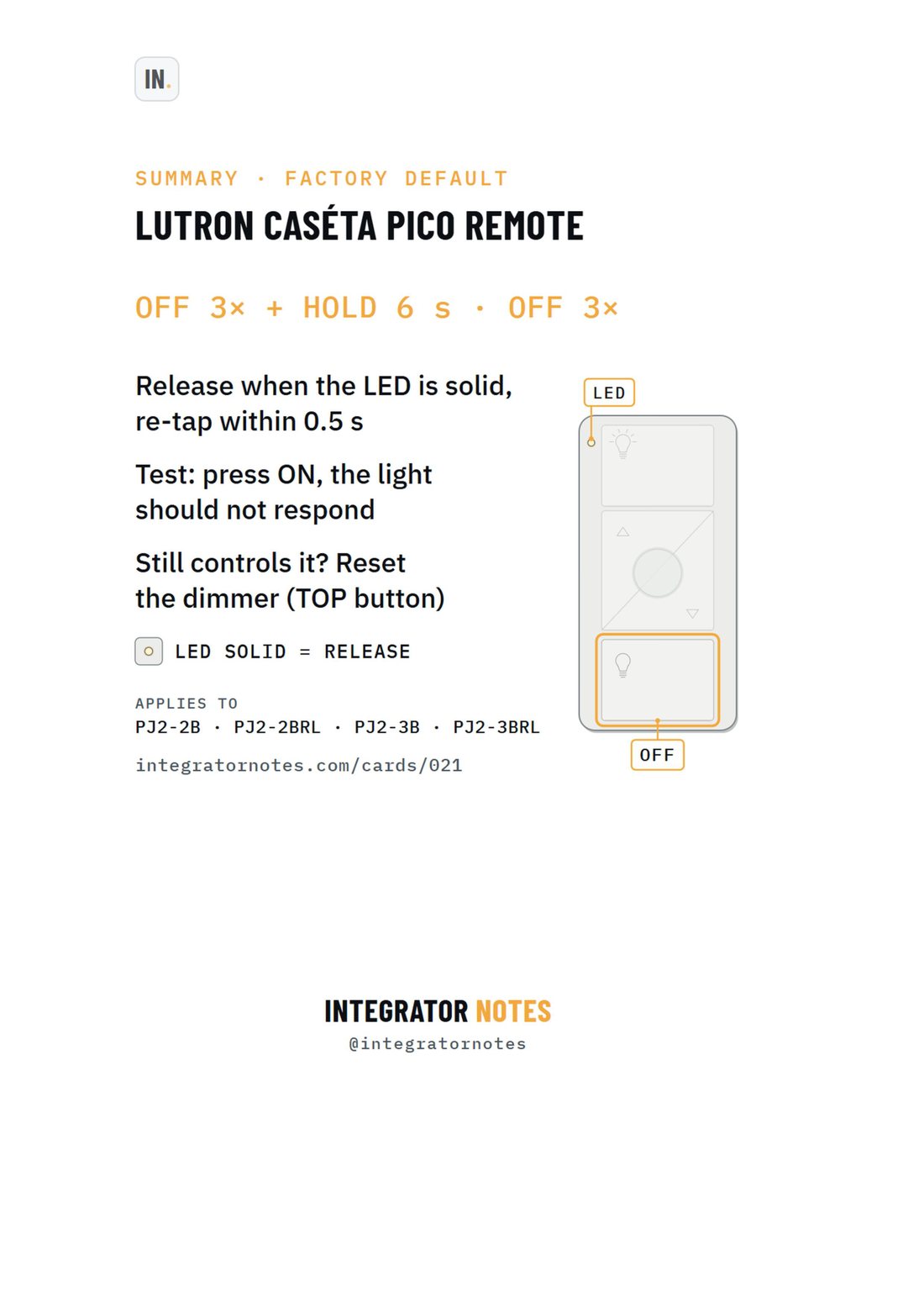 Field card 021, Caséta Pico remote (PJ2): OFF 3× + HOLD 6 s, OFF 3×