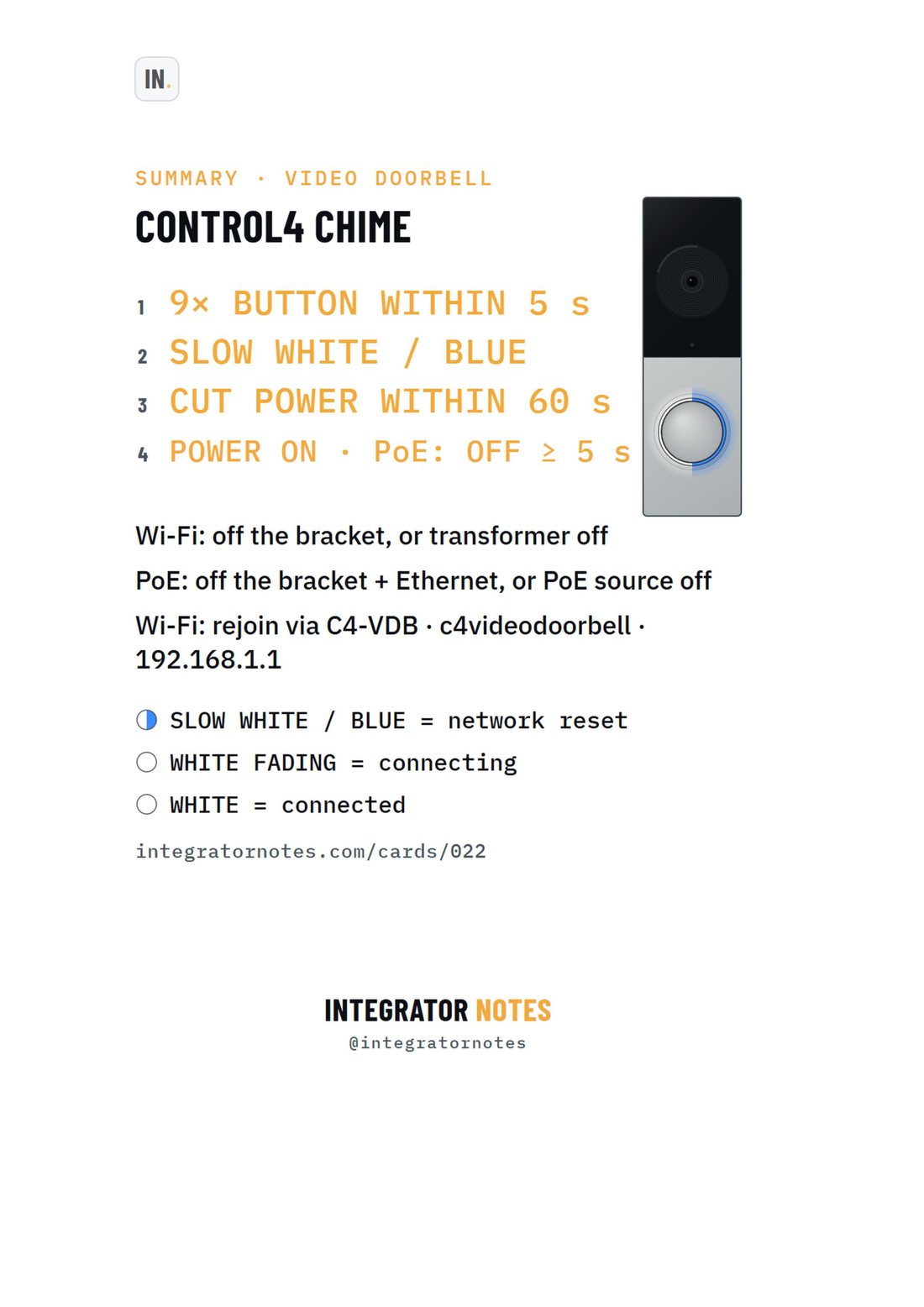 Field card 022, Chime video doorbell: 9× BUTTON WITHIN 5 s, SLOW WHITE / BLUE, CUT POWER WITHIN 60 s, POWER ON · PoE: OFF ≥ 5 s
