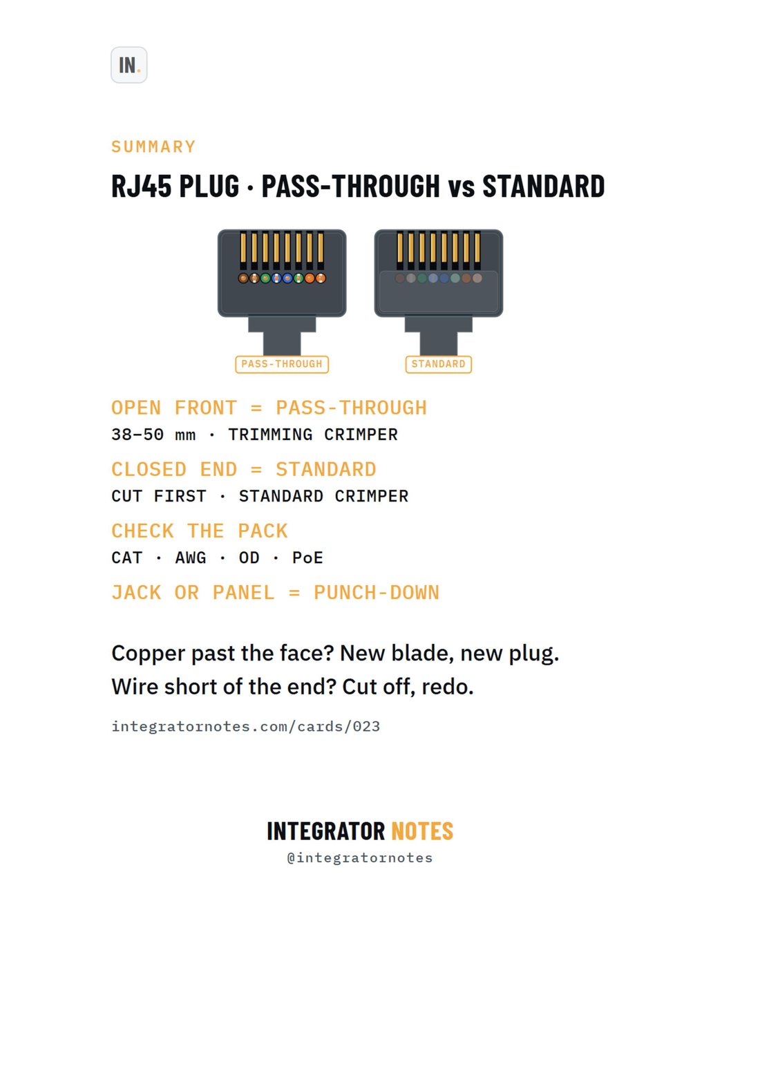 Field card 023, RJ45 plug · pass-through vs standard: OPEN FRONT = PASS-THROUGH 38–50 mm · TRIMMING CRIMPER, CLOSED END = STANDARD CUT FIRST · STANDARD CRIMPER, CHECK THE PACK CAT · AWG · OD · PoE, JACK OR PANEL = PUNCH-DOWN