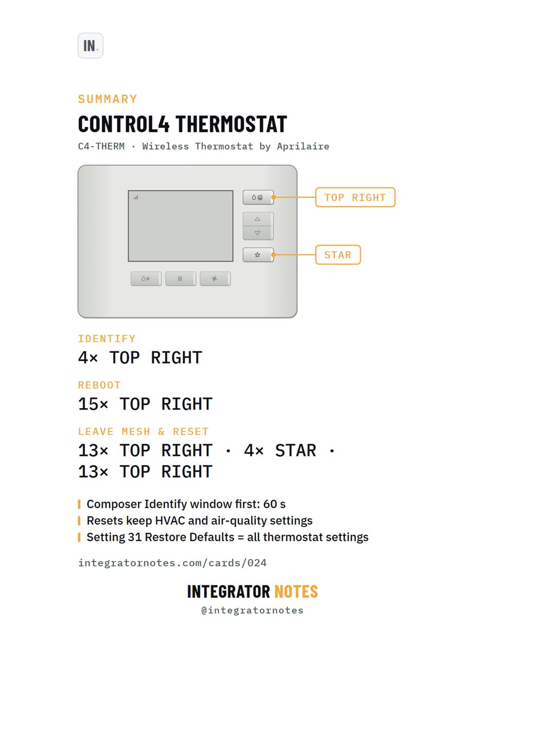 Field card 024, Wireless thermostat (C4-THERM): Tap the top-right button 4×, Tap the top-right button 15×, Tap the top-right button 13×, Tap the star button 4×, Tap the top-right button 13× again