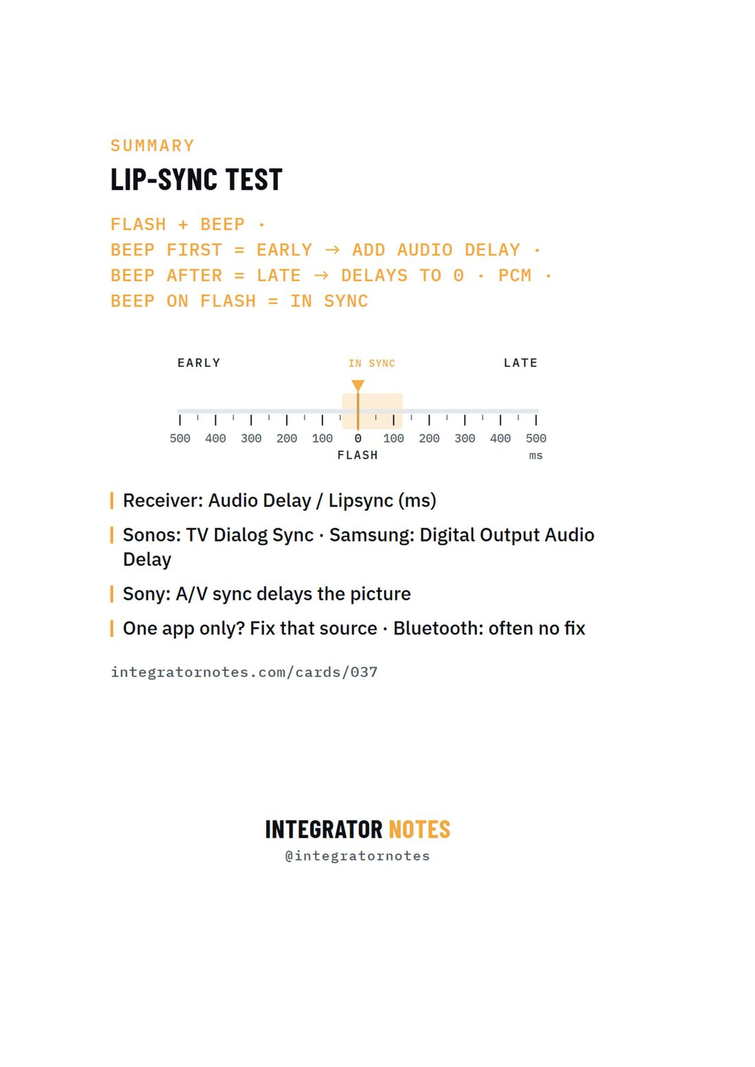 Field card 037, TV, soundbar or receiver: FLASH + BEEP · BEEP FIRST = EARLY → ADD AUDIO DELAY · BEEP AFTER = LATE → DELAYS TO 0 · PCM · BEEP ON FLASH = IN SYNC